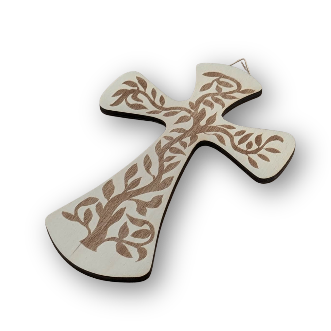 Fa fali kereszt – 20 cm (életfa mintás, díszített)