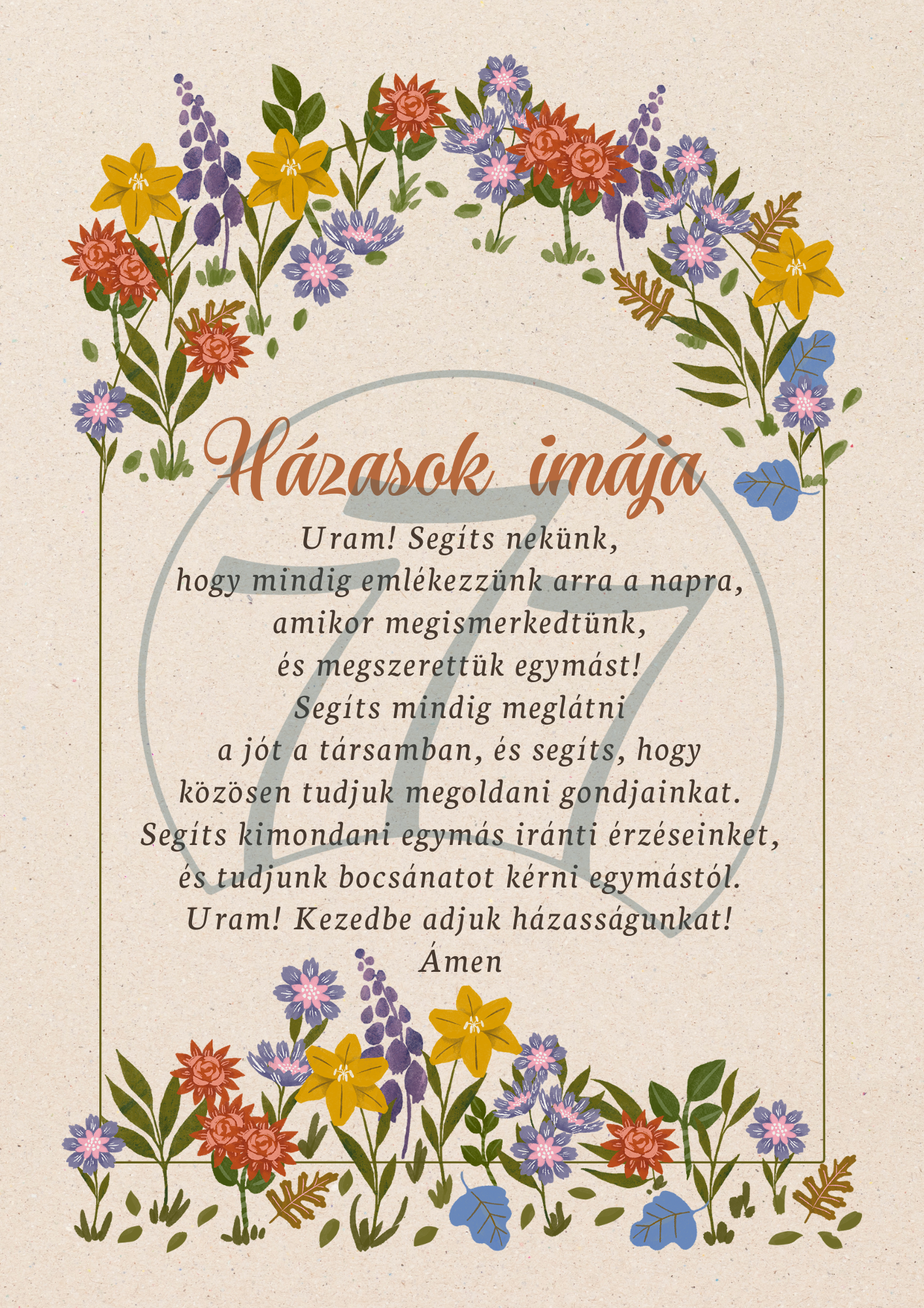 Házasok imája – virágos falikép fehér fa keretben