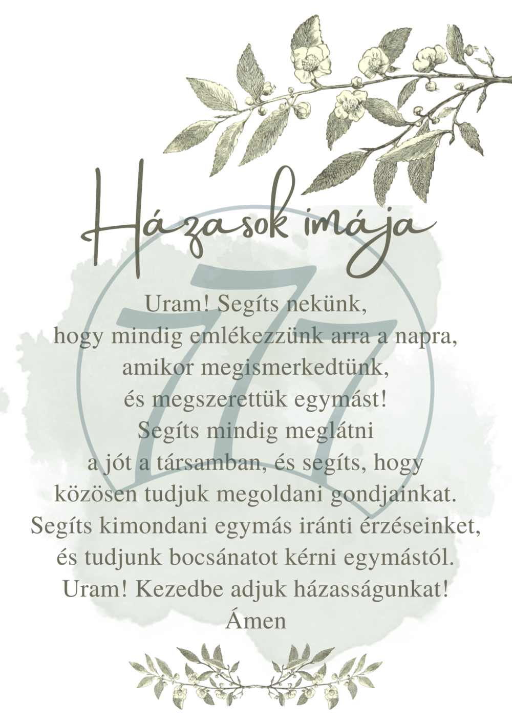 Házasok imája – letisztult botanikus falikép fehér fa keretben