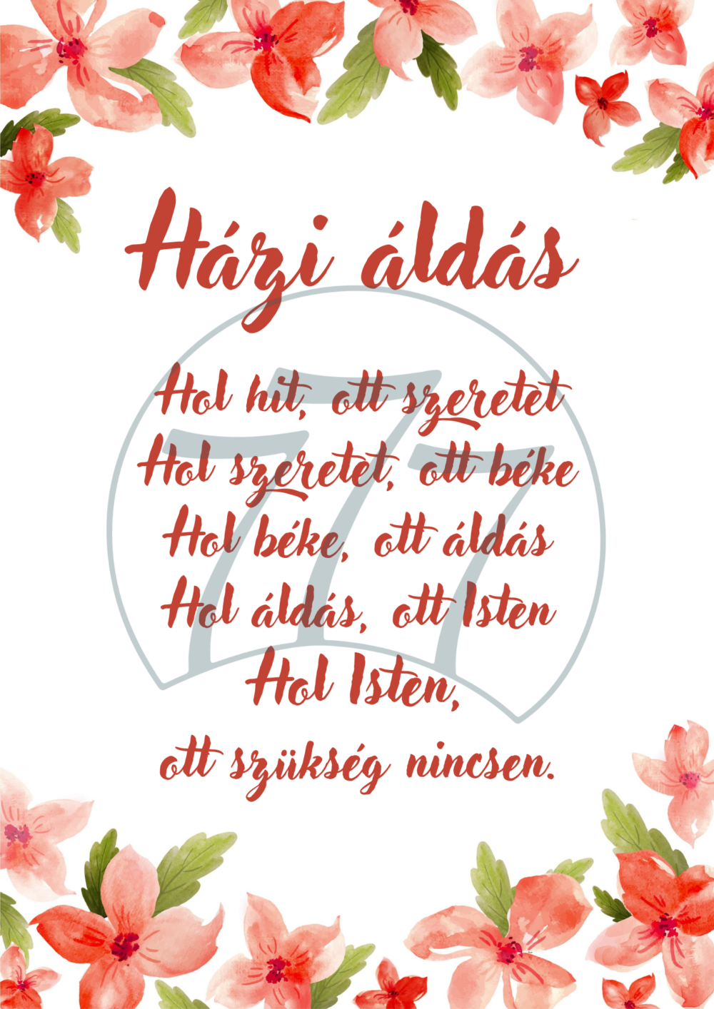 Házi áldás – virágos falikép fehér fa keretben (A4)