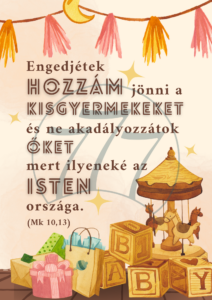 Igekép – „Engedjétek hozzám jönni a kisgyermekeket” falikép fehér fa keretben (A4)