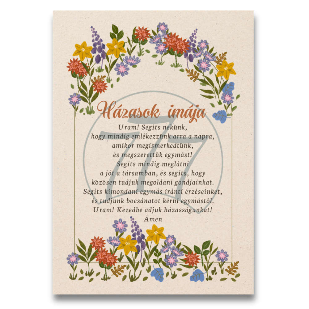 Házasok imája – virágos falikép fehér fa keretben